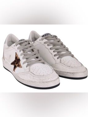 Golden Goose Ball Star Sneakers Leopard Star White Leather with Gray Laces sz 36